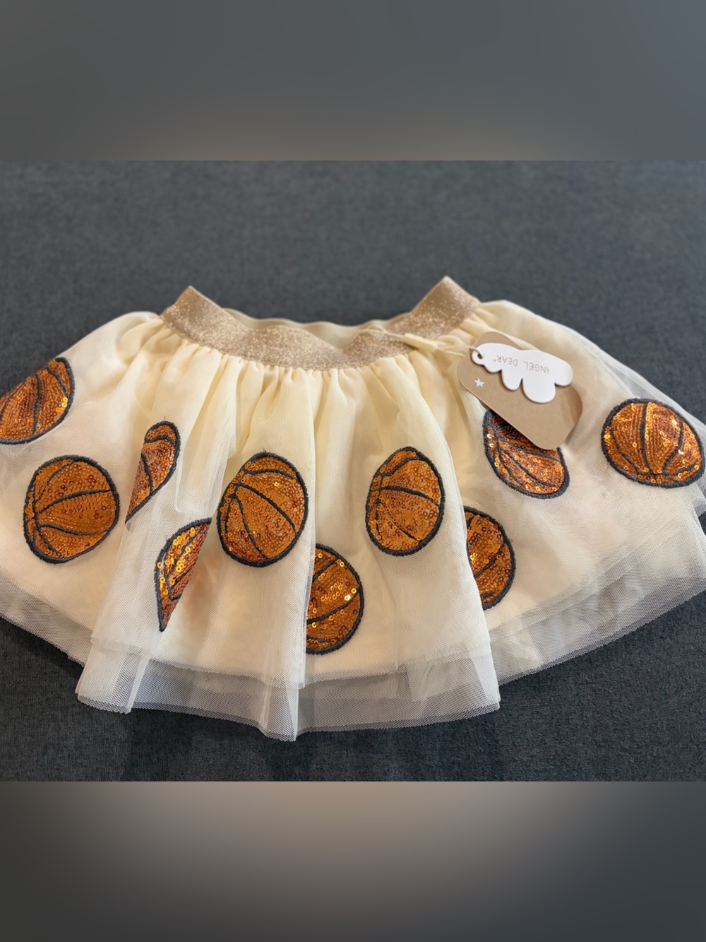 Angel Dear Cream Tulle Skirt with Orange Sequin Basketballs